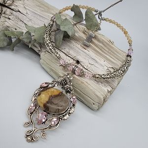 Silver Necklace Natural Fossil Stone/Pink Kunzit/Roze Crystals